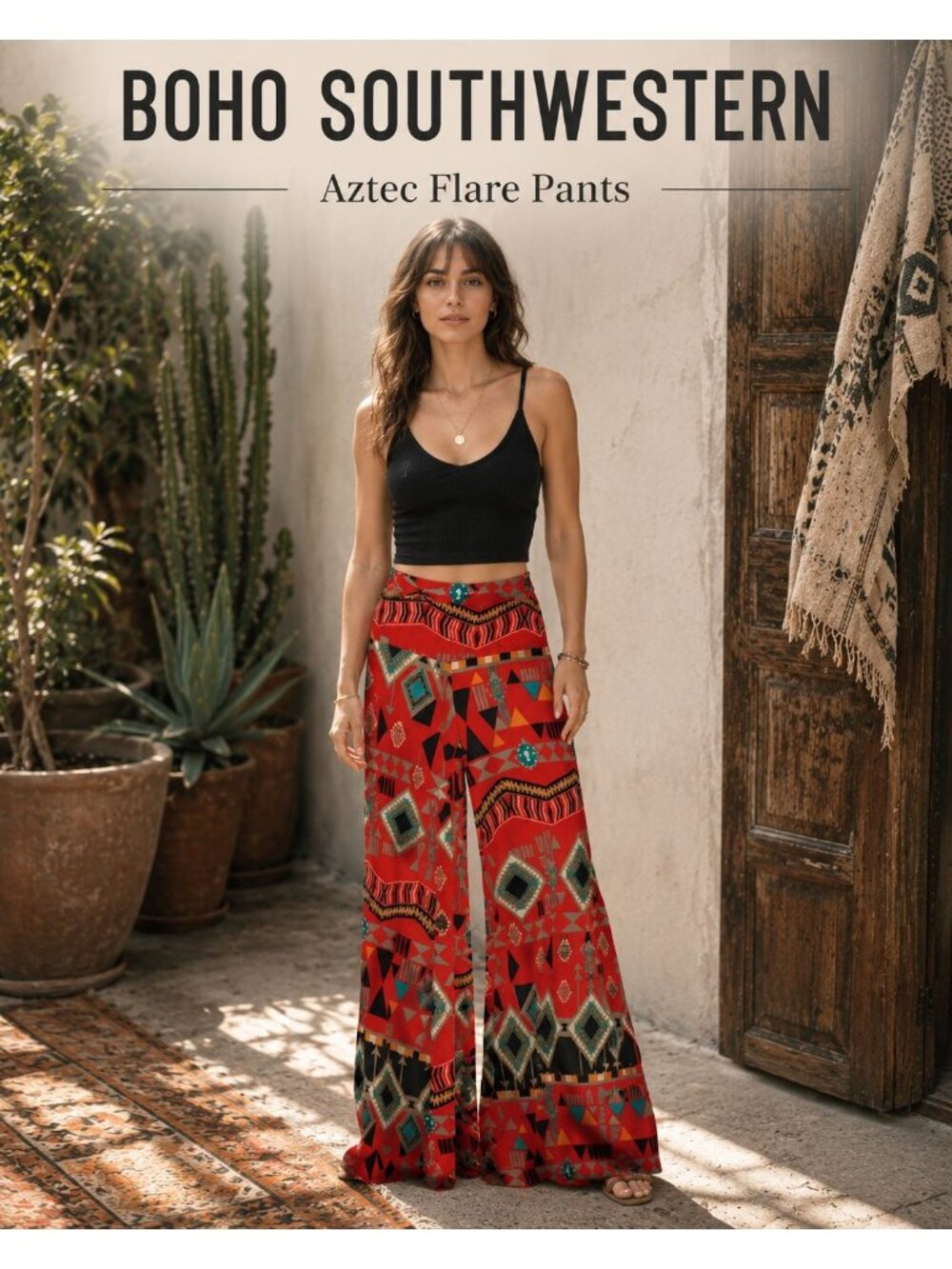 Boho Southwestern Aztec Flare Pants M Red Vibrant Festival